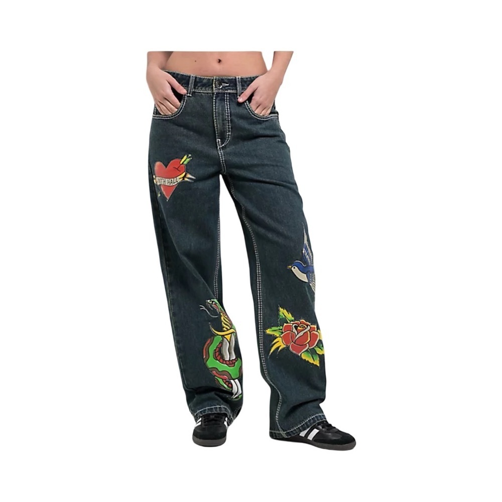 Ninth Hall Idle Printed Dark Wash Straight Leg Jeans Graphic Tattoo NWT Size 8